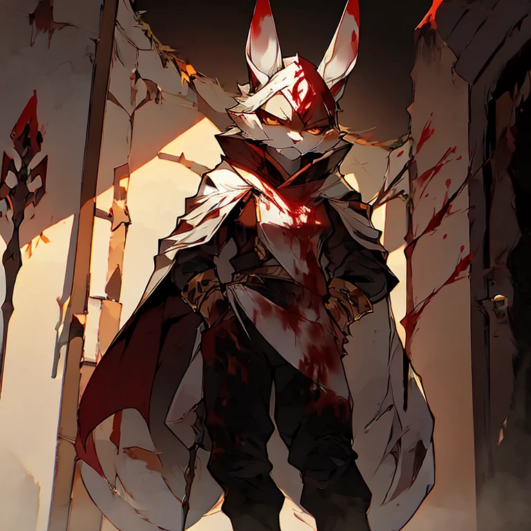 ( female white bunny)   ( guarding the titan door  )  ( body covered in blood) ( death glare  )   (Black pants with red symbol on it )   (yellow  eyes ) ( holding Spear)   ( detail)  ( white cloak with golden pattern on it)