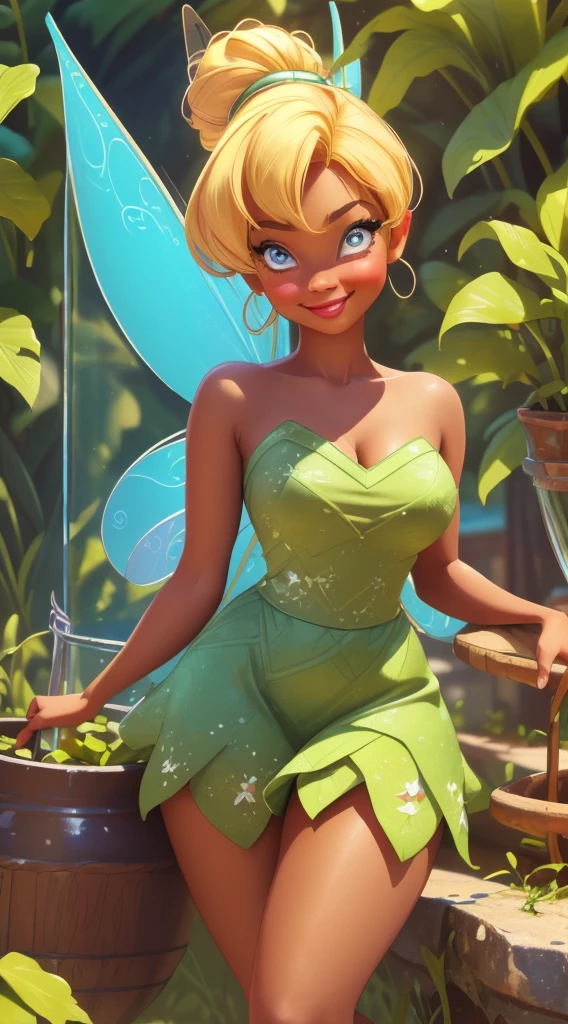 ((African American girl)), (short braided hair), (Tinkerbell Waifu:1), smile, cute, looking at the viewer, thick thighs, (strapless green dress:1), (fairy wingocus on breasts:1.2), (realistic: 1.2), (realism), (masterpiece: 1.2), (best quality), (ultra-detailed), (8k, 4k, complex),(full body photo: 1),(cowboy photo:1.2), (85mm), light particles, lighting, (highly detailed:1.2), (detailed face:1.2), (gradients), sfw, colorful,(detailed eyes:1.2), (detailed landscape, inside a glass jar:1.2),(detailed background), detailed landscape, (dynamic angle:1.2), (dynamic posture:1.2), (rule of terceira_compositing:1.3), (line of action:1.2), general plan, daylight, soil, no panties, huge breasts