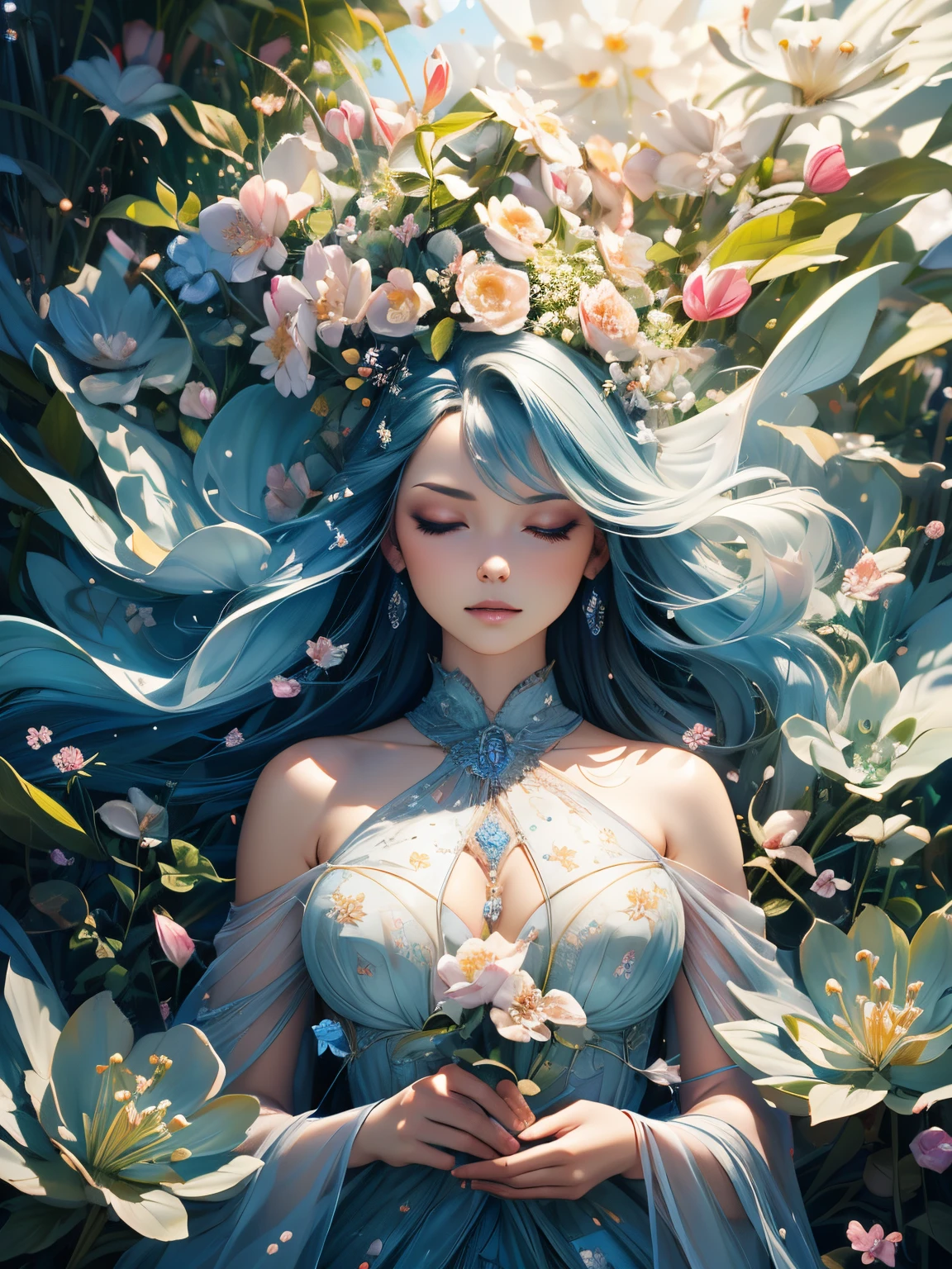 (best quality,4k,8k,highres,masterpiece:1.2),ultra-detailed,(realistic,photorealistic,photo-realistic:1.37),animation,girl in the garden of blooming flowers,fractal art,colorful,dreamlike,pixel art,hummingbirds,glowing plants,gentle breeze,whimsical,fantasy,imagination,magic,enchanted forest,sparkling dew drops,fragrant blossoms,majestic trees,ethereal atmosphere,soft sunlight,dancing petals,serene expression,delicate features,vibrant dress,light and graceful posture,joyful and carefree,a world full of wonders,tyles of the garden showcasing incredible artistry,depth and dimension,motion and fluidity,subtle details contrasting with bold patterns,embrace of nature's beauty,blend of reality and fantasy.