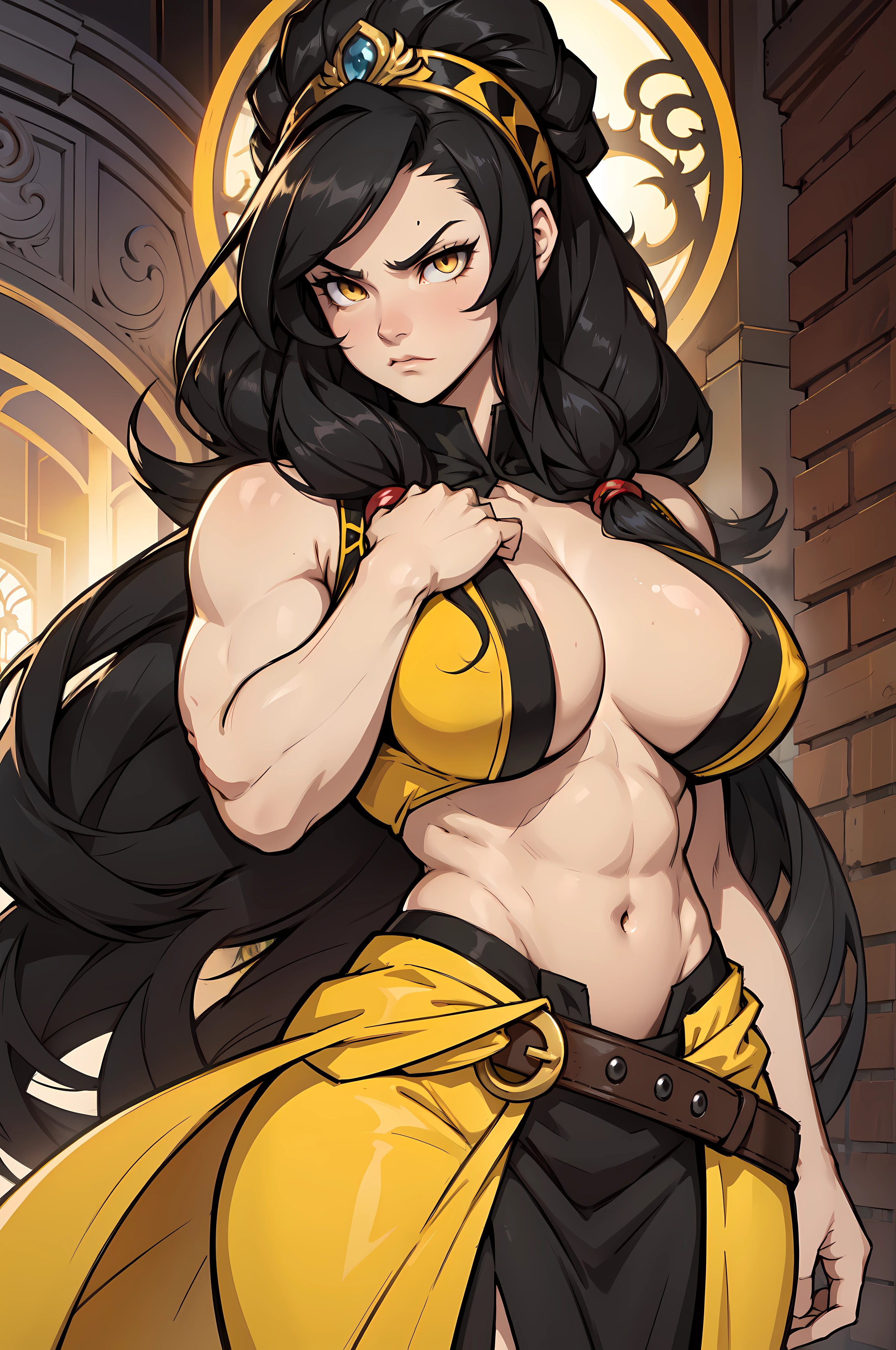 ((1 girl)) angry very long hair pale skin black hair yellow eyes ((muscular)) huge breasts rococo style