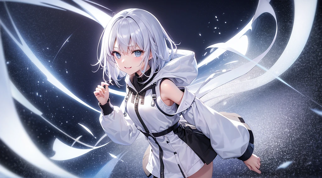 Ultra-high image quality,Look at viewers, girl with, 20yr old, Very short hair, long bangs between eyes, pale blue eyes, Hoodie, Skirt , Extremely detailed,(masterpiece、top-quality)、report、White hair、A smile、White skin as clear as snow、Fantastical, Silver hair, Black eyes, Beautiful eyes,, Ecstasy, charmed, be smitten with audience, Hoodie, White hoodie,a black skirt,Hair is short,look down from above,(masutepiece, Best Quality:1.1),report, 1girll, Curve,White jacket, Casual style,Open jacket, Cowboy Shot、report、Fluttering hair、a small face、hason、Bright smile、(parka、white sneaker fingers、Human hand)、(Detailed face) 、(top-quality: 1.4、tmasterpiece、 hyper HD、 Top resolution,、Very detailed、 profetional lighting,fantastic landscape, Sunlight,Shoulder out、sleeps in a bed、open open mouth、inside in room