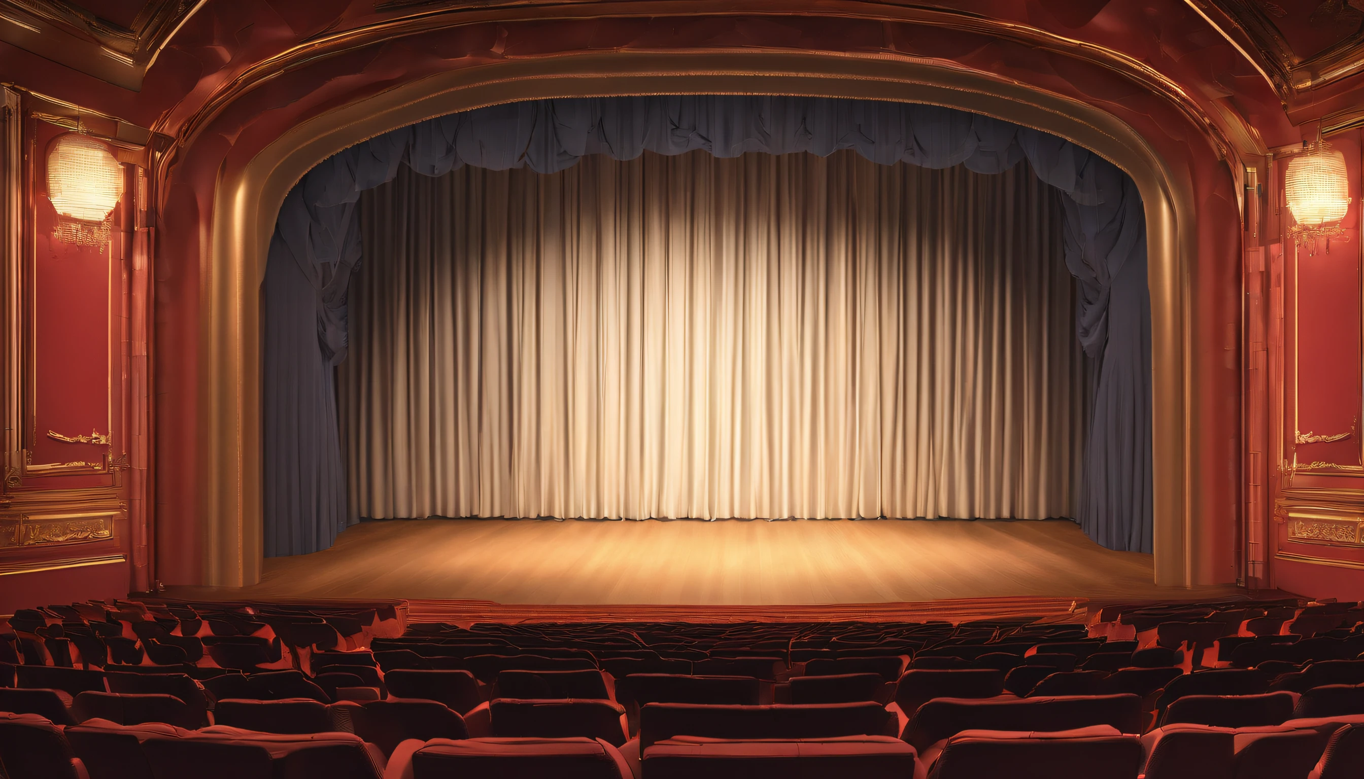 Glowing 3D images, curtain theater in the middle of theater.