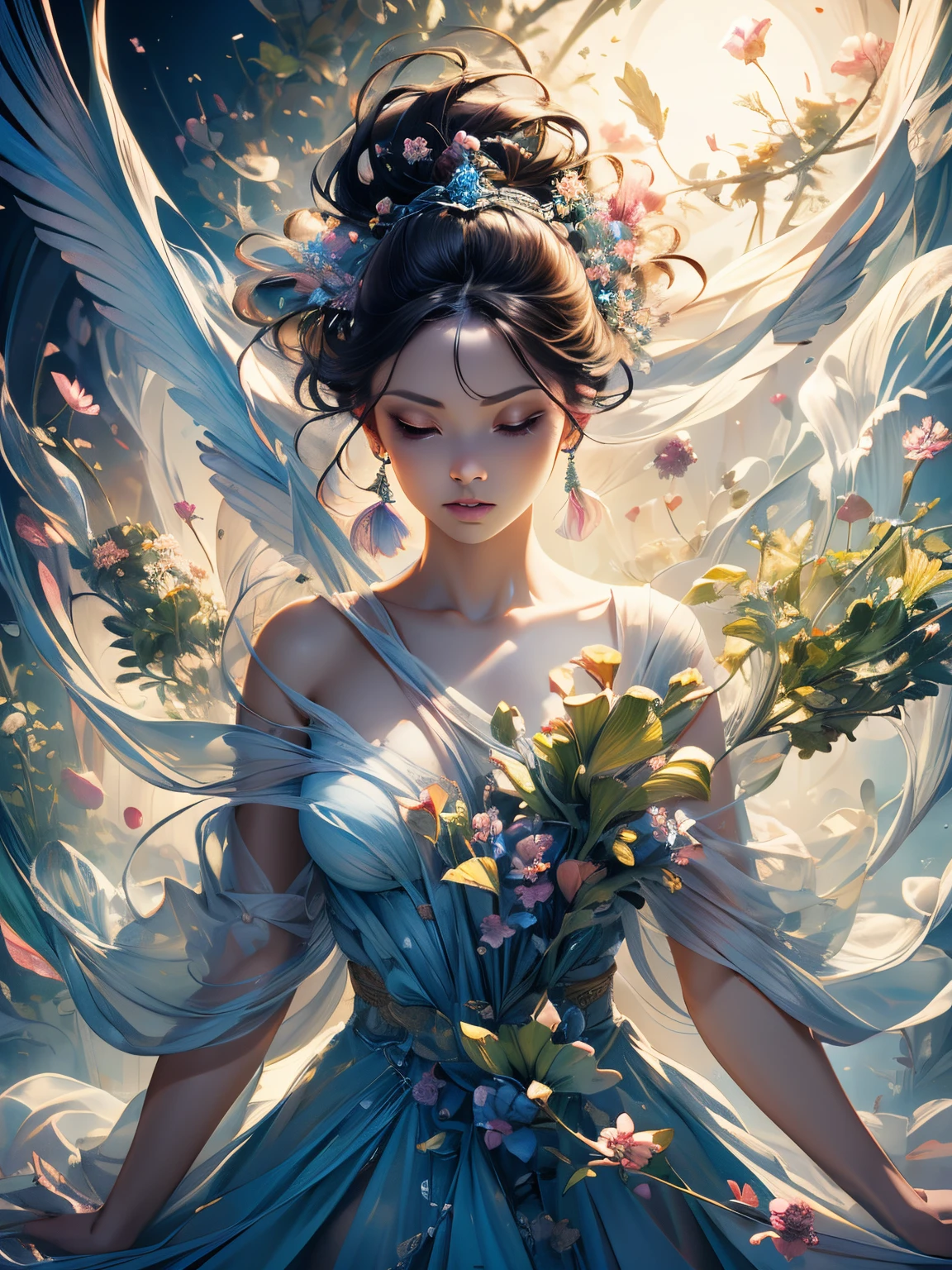 (best quality,4k,8k,highres,masterpiece:1.2),ultra-detailed,(realistic,photorealistic,photo-realistic:1.37),animation,girl in the garden of blooming flowers,fractal art,colorful,dreamlike,pixel art,hummingbirds,glowing plants,gentle breeze,whimsical,fantasy,imagination,magic,enchanted forest,sparkling dew drops,fragrant blossoms,majestic trees,ethereal atmosphere,soft sunlight,dancing petals,serene expression,delicate features,vibrant dress,light and graceful posture,joyful and carefree,a world full of wonders,tyles of the garden showcasing incredible artistry,depth and dimension,motion and fluidity,subtle details contrasting with bold patterns,embrace of nature's beauty,blend of reality and fantasy.