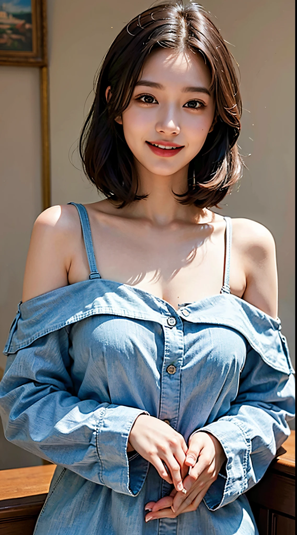30 generations of knowledgeable women,One person、 ((Dark brown bob cut))、Unbuttoning her light blue striped collared blouse、Arms behind head、Earrings、necklace、((85cm bust))、Cleavage、highest quality,masterpiece,Ultra-high resolution,(Actual:1.4),Original photo,Ultra-high resolution,8k,There are women,Fair skin,Exquisite makeup,Red lips、Sitting on the sofa、Sexy pose