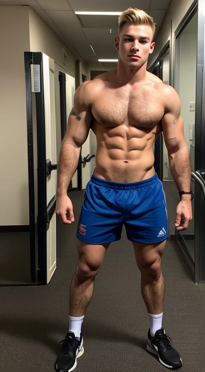 American teenager boy, 17 years old, blue eyes, blonde , mohawk cut, sharp features, height 1.90, weight 88 kg, muscular build, broad shoulders, V-shaped body, no hair, rugby player