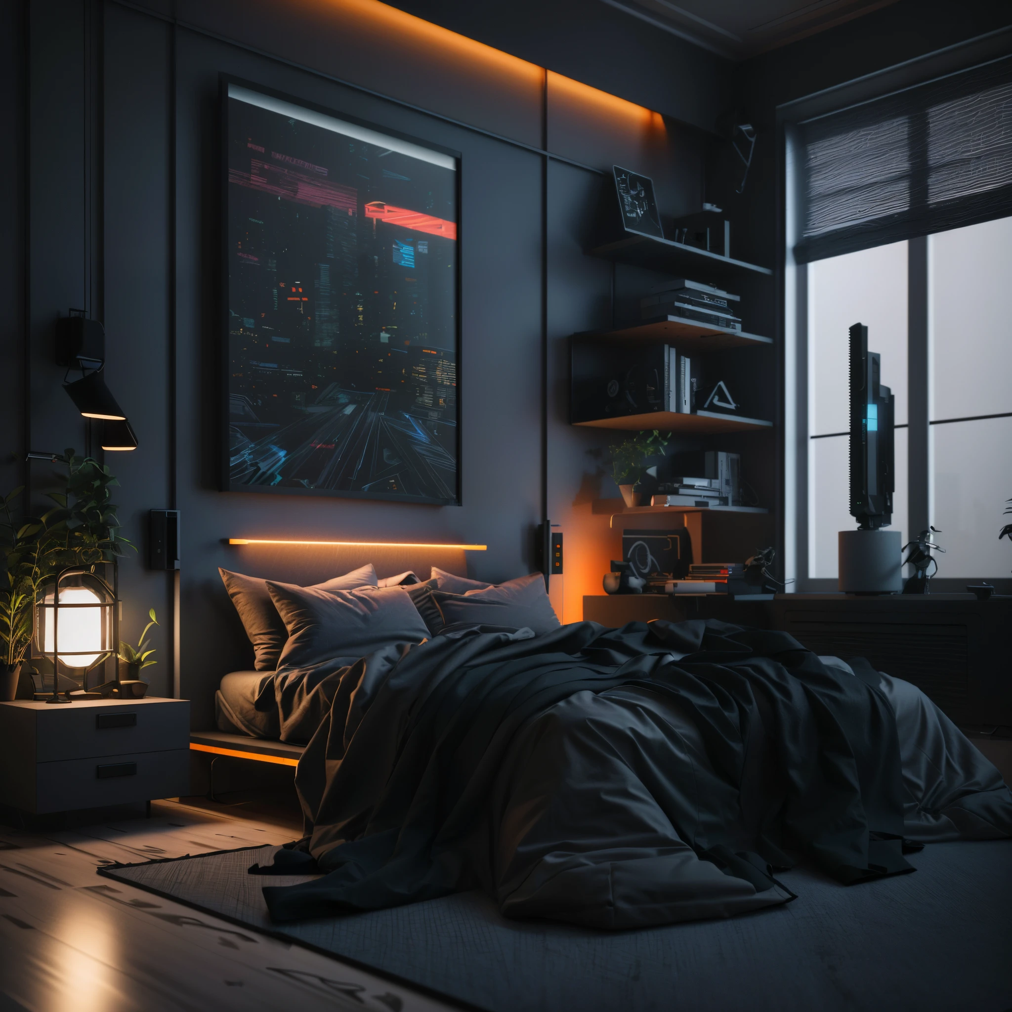 A room with a bed,a blanket and a lamp, Cyberpunk room at night, dark chamber, Room with poor light, night time render, Cyberpunk room, Dramatic lighting rendering, 8K lighting, movie mood lighting, 3d rendering beep sound, cyberpunk apartment, realistic bedroom, dark chamber, mysterious ambient lighting, The room is dimly lit