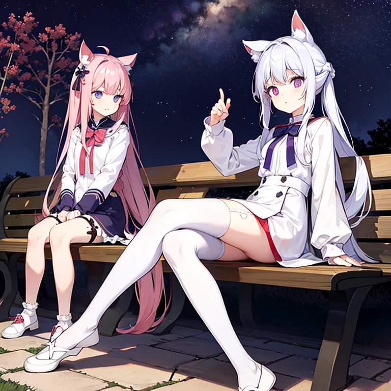 Silvery-white emanation,Double ponytailed hair,calm face,Be red in the face,purple pupils,Wearing white knee-length jk clothes,Pouting,Normal ears,White stockings,the night,Stars in the sky,Bench next to the park,delicate leg