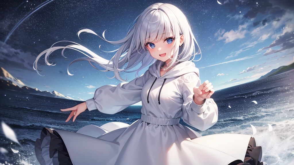 Ultra-high image quality,Look at viewers, hands behind back, girl with, 20 years old, Very short hair, long bangs between eyes, pale blue eyes, Hoodie, Skirt , Extremely detailed,(masterpiece、top-quality)、report、White hair、A smile、White skin as clear as snow、Fantastical, Silver hair, Black eyes, Beautiful eyes,, Ecstasy, charmed, be smitten with audience, Hoodie, White hoodie,a black skirt,Hair is short,look down from above,(masutepiece, Best Quality:1.1),report, 1girll, Curve,White jacket, Casual style,Open jacket, Cowboy Shot、report、Fluttering hair、a small face、hason、Bright smile、(parka、white sneaker fingers、Human hand)、(Detailed face) 、(top-quality: 1.4、tmasterpiece、 hyper HD、 Top resolution,、Very detailed、 profetional lighting,fantastic landscape, Sunlight,Shoulder out、open open mouth