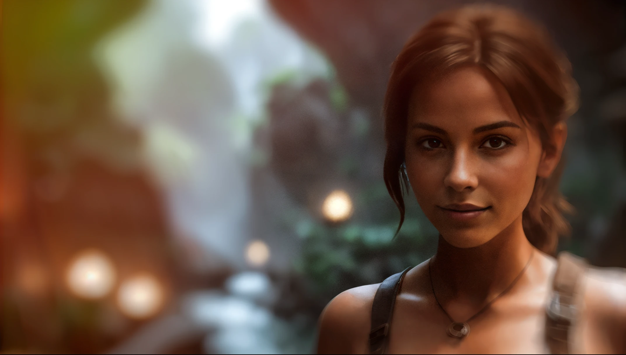 Mujer arafed desnuda parada frente a una cascada, Retrato de Lara Croft, Tomb Raider hermoso, Lara Croft, Renderizado retrato 8K, Tomb Raider Configuration, cinematic realistic portrait, Aventura render hiperrealista, Retrato suave disparado 8K, Cinematographic bust shot, Lara Croft relajante, sudor muscular Lara Croft, Retrato VFX altamente detallado de, cinematic soft lighting