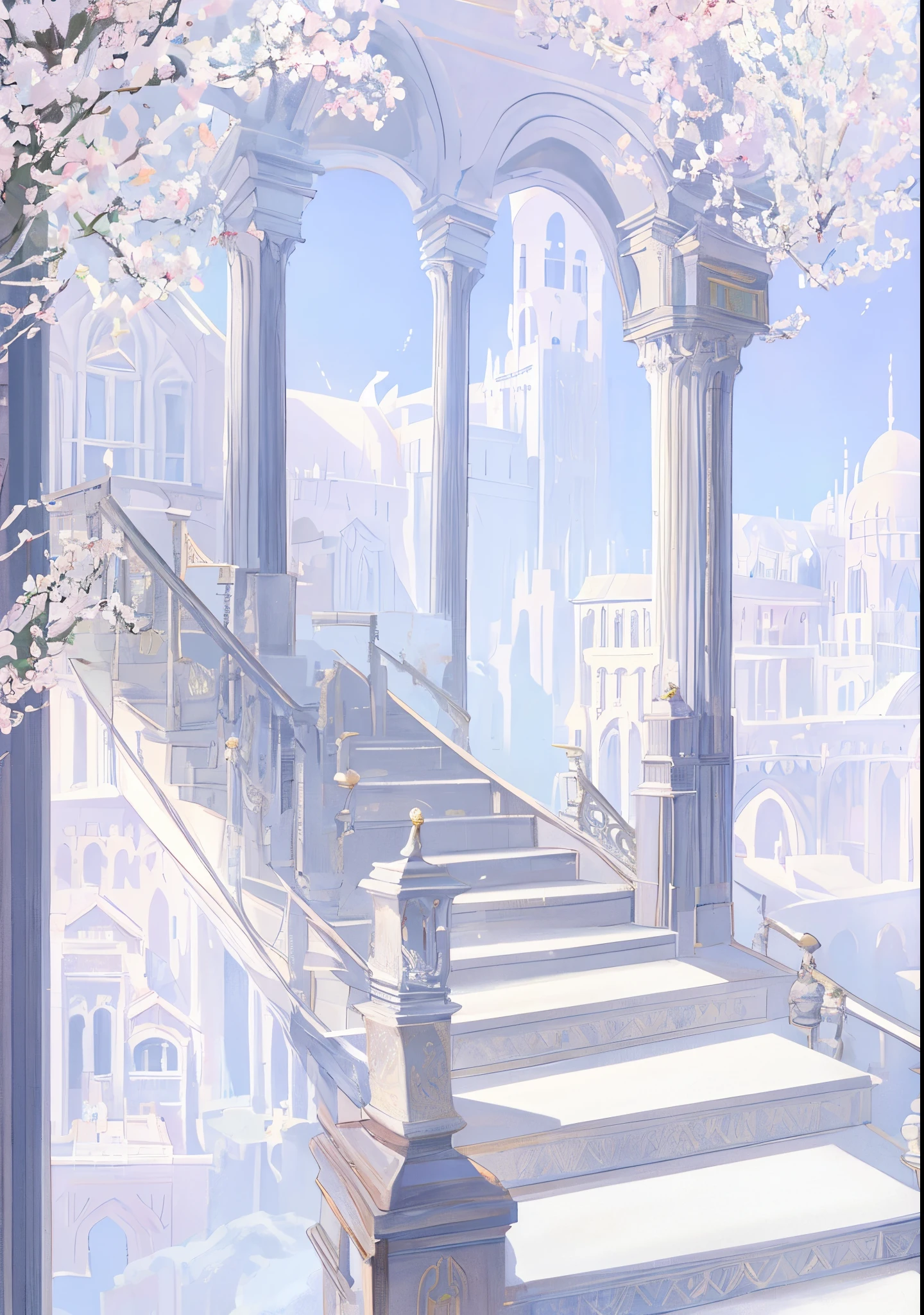 There is a photo of the stairs,There is a clock on it, fairy tale style background, palace background, stairway to heaven, Anime background art, anime backgrounds, background artwork, a palace floating in the air, sky bridges, stairways, arte de fundo, paradise background, Background art deco palace, Fantasy aesthetics!, entrance to ethereal realm, magical background, Anime beautiful peaceful scene