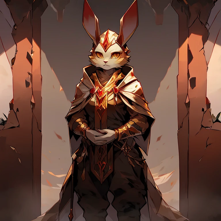 ( female white bunny)   ( guarding the titan ancient door  )  ( pure face  )   (Black pants with red symbol on it )   (yellow  eyes ) ( holding Spear)   ( detail)  ( white cloak with golden pattern on it) ( tall)