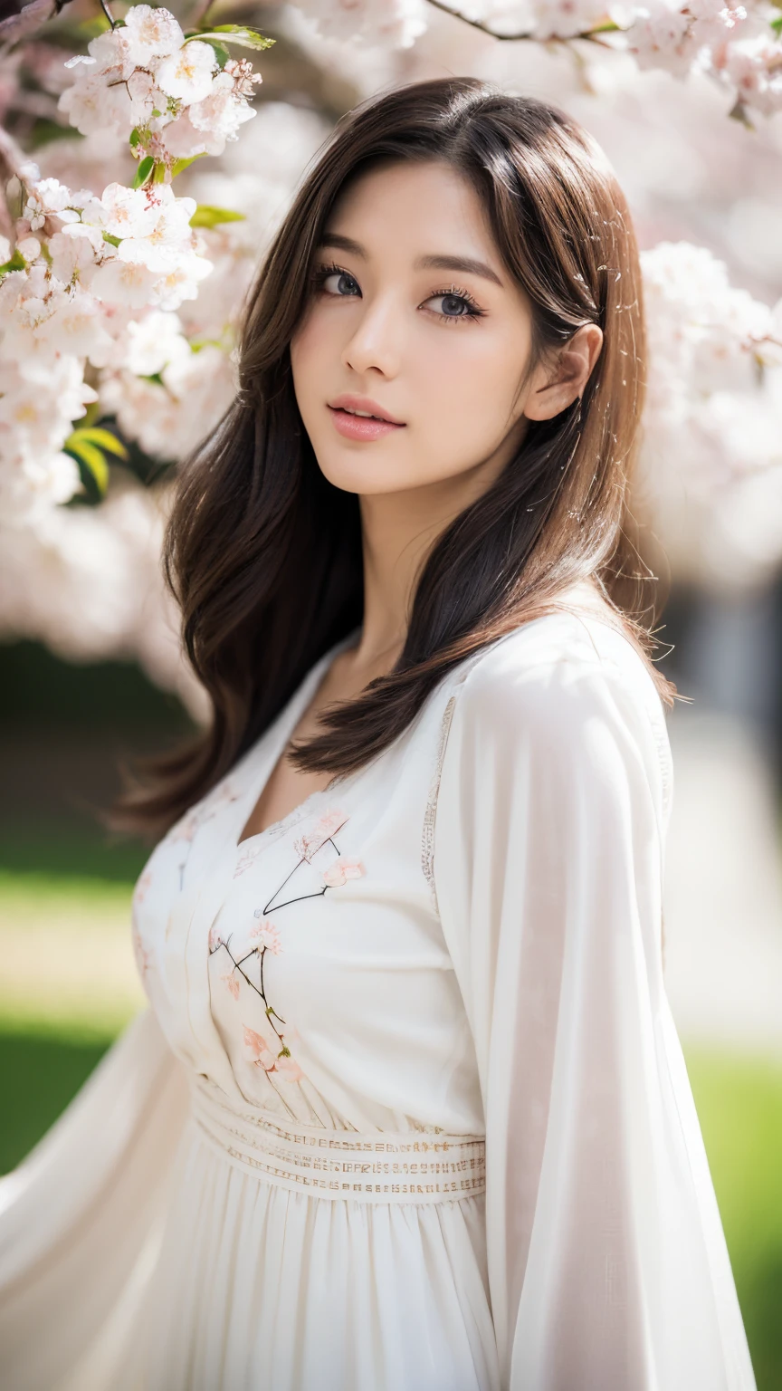 (A logo、masterpiece、8K、masutepiece、Raw photo、Fantastic、Best Quality、8K wallpaper that integrates photorealistic and high-definition CG、hightquality、ighly detailed、epic poem、Particle effect、Dynamic effects、depth of fields、Cinematic Light、Lens Flare、Ray tracing)、Fantasia、 (Beauty 1 person、White Japanese Clothing、Japanese dress、White cherry blossom pattern、White cherry blossom embroidery pattern、A dark-haired、Beautiful face、Real Face、beautiful details eyes beautiful skin)、Hair flutters in the wind、Hair jumps、Pink cherry blossom tree、Petals flutter、Sakura blizzard、Superb view、morning glow、Sun in the background、the wind、Deities、tusk、myth、Vast Land、