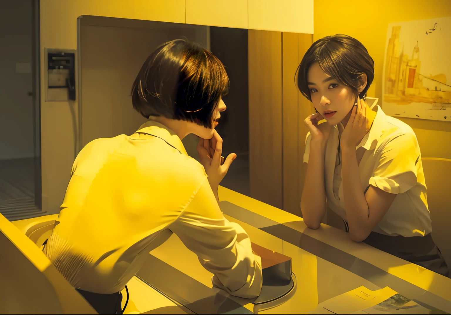 (Best quality, 8k, 32k, Masterpiece, UHD:1.2) "Produce a captivating art piece featuring a girl with a stylish bob haircut, illuminated by dramatic and cinematic lighting that accentuates the contours of her face and hair. Create an atmosphere that exudes intrigue and depth, with shadows and highlights playing a central role in defining the scene. The lighting should emphasize the girl's features and add an extra layer of drama to the composition, making it visually striking and evoking a sense of mystery and allure."