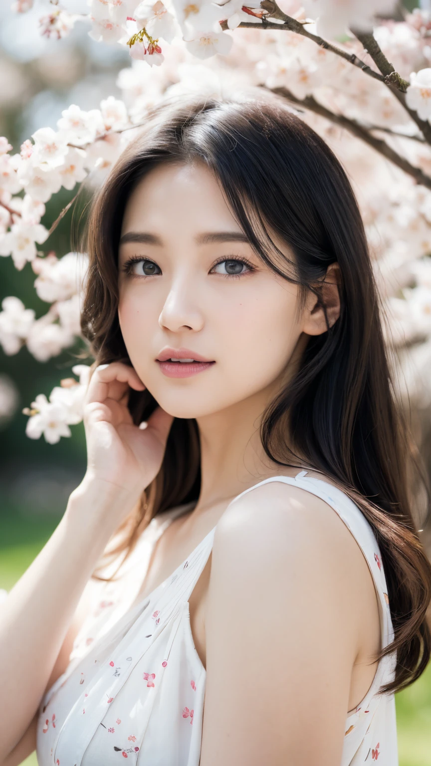 (A logo、​masterpiece、8K、masutepiece、Raw photo、Fantastic、Best Quality、8K wallpaper that integrates photorealistic and high-definition CG、hightquality、ighly detailed、epic poem、Particle effect、Dynamic effects、depth of fields、Cinematic Light、Lens Flare、Ray tracing)、Fantasia、 (Beauty 1 person、White Japanese Clothing、Japanese dress、White cherry blossom pattern、White cherry blossom embroidery pattern、A dark-haired、Beautiful face、Real Face、beautiful details eyes beautiful skin)、Hair flutters in the wind、Hair jumps、Pink cherry blossom tree、Petals flutter、Sakura blizzard、Superb view、morning glow、Sun in the background、the wind、Deities、tusk、myth、Vast Land、