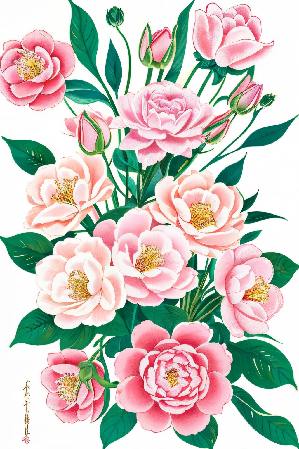 Japanese style drawing, ukiyo-e style, art, super high quality, peonies, buds, blooming