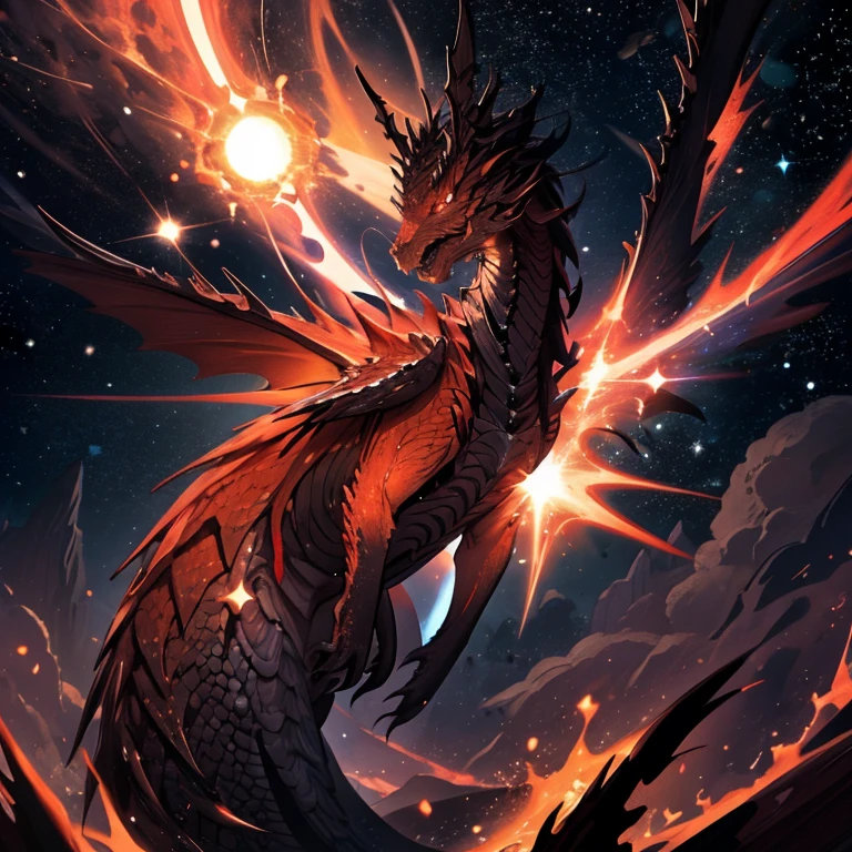 "A majestic cosmic dragon with crimson red eyes, floating gracefully through the infinite expanse of star-filled black space, radiating a magnificent aura, mais OMINOSA".