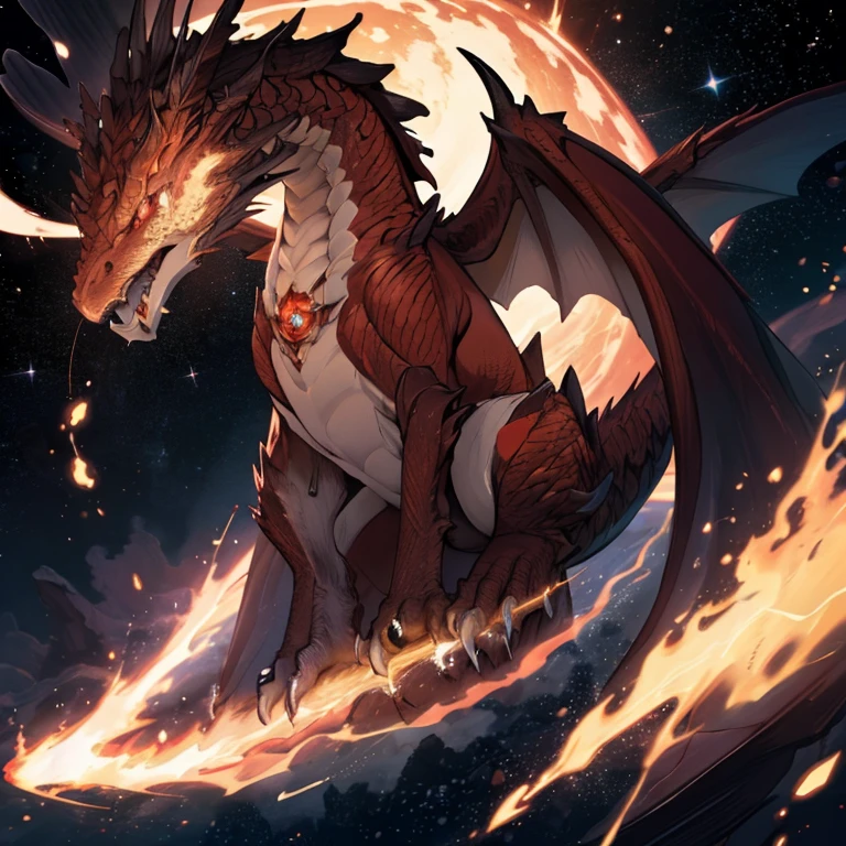 "A majestic cosmic dragon with crimson red eyes, floating gracefully through the infinite expanse of star-filled black space, radiating a magnificent aura, mais OMINOSA".