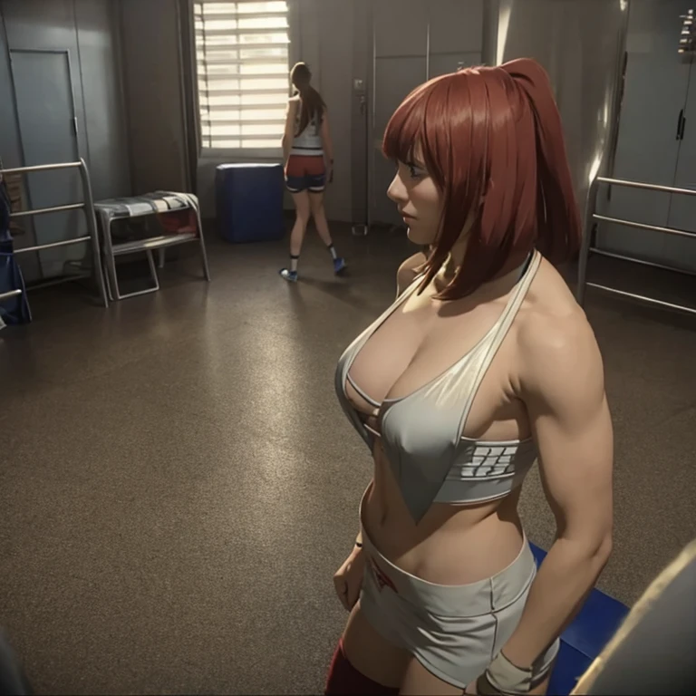 ((toppless))(professional female wrestler),((Locker room after the game)),(Change of clothes),(Clothes taken off),(Fatigue),spot light,shadings