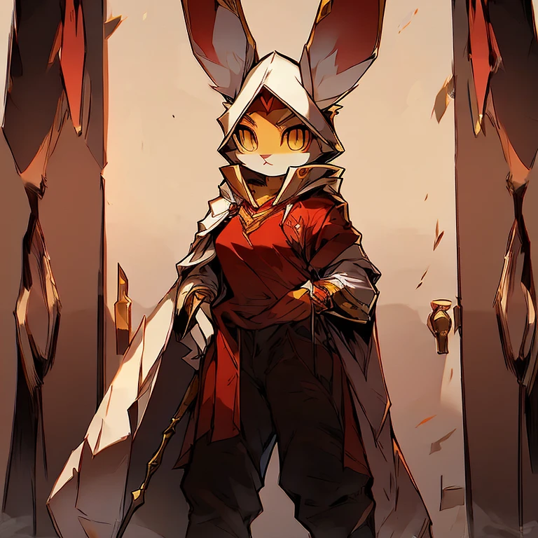 ( female white bunny)   ( guarding the titan ancient door  )  ( pure face  )   (Black pants with red symbol on it )   (yellow  eyes ) ( holding Spear)   ( detail)  ( white cloak with golden pattern on it) ( tall) ( red shirt)