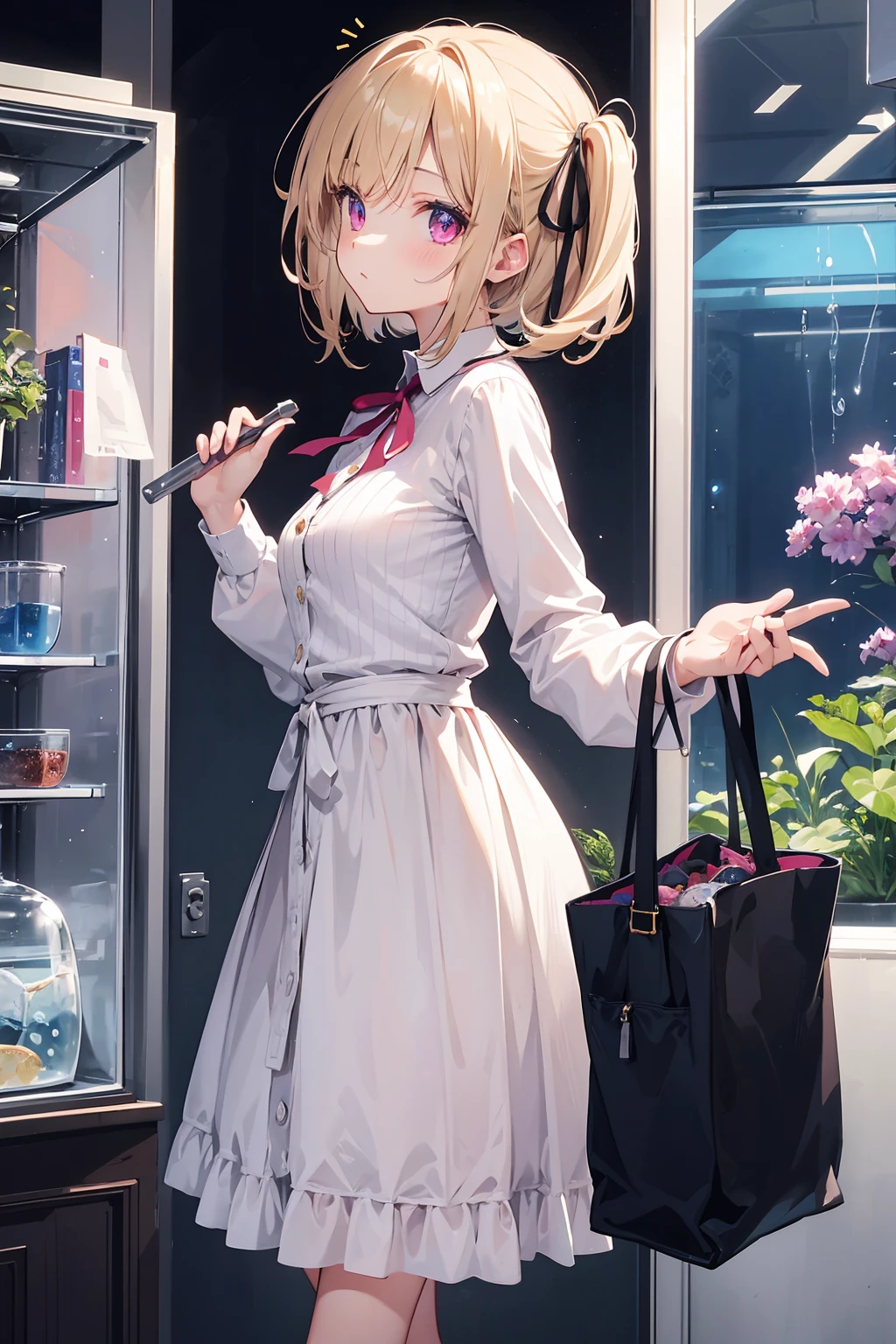 masterpiece, best quality, ultra detailed, high Resolution, detailed illustration, cel anime, (sfw), 1girl, (li), cute face, detailed face, magenta eyes, cute eyes, sparkling eyes, big eyes, medium breasts, perky breasts, pointy breasts, medium hips, glamorous body, Surprised, BREAK, long bob cut, (blonde hair:0.7), messy hair, detailed hair, BREAK, wearing Cardigan, Ribbed knit sweater, long skirt, small ribbon, tiny ribbon, bag, casual style, date, aquarium, standing, looking fish in tank, fish, from side, real world, natural lights, perfect lighting,