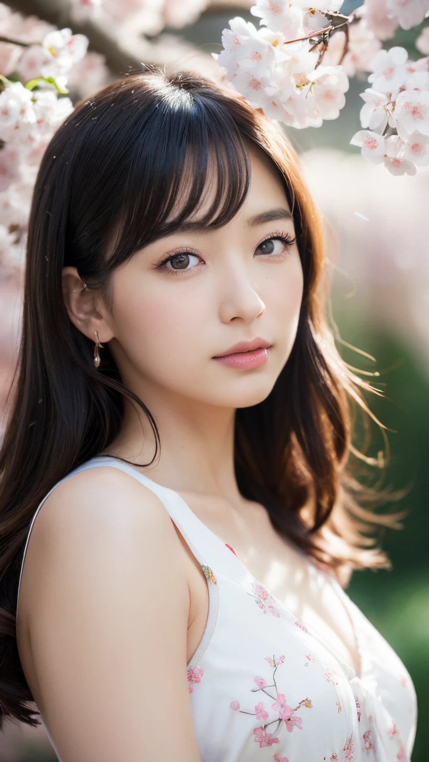 (A logo、​masterpiece、8K、masutepiece、Raw photo、Fantastic、Best Quality、Photorealistic and highly detailed CG integrated 8K wallpaper、hightquality、ighly detailed、epic poem、Particle effect、Dynamic effects、depth of fields、Cinematic Light、Lens Flare、Ray tracing)、Fantasia、 (Beauty 1 person、White Japanese Clothing、Japanese dress、White cherry blossom pattern、White cherry blossom embroidery pattern、A dark-haired、Beautiful face、Real Face、beautiful details eyes beautiful skin)、Hair flutters in the wind、Hair jumps、Pink cherry blossom tree、Petals flutter、Sakura blizzard、Superb view、morning glow、Sun in the background、the wind、Deities、tusk、myth、Vast Land、