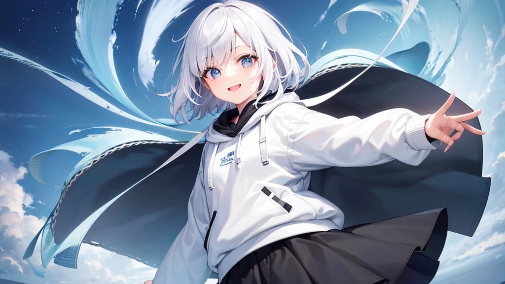 Ultra-high image quality,Look at viewers, hands behind back, girl with, 20 years old, Very short hair, long bangs between eyes, pale blue eyes, Hoodie, Skirt , Extremely detailed,(​masterpiece、top-quality),White hair、A smile、Fantastical, Silver hair, Black eyes,  Hoodie, White hoodie,a black skirt,Hair is short,White jacket, Casual style,Open jacket,  Cowboy Shot、Fluttering hair、a small face、Bright smile、(Detailed face) ,profetional lighting,fantastic landscape,Blue sky, Sunlight,look down from above,open open mouth