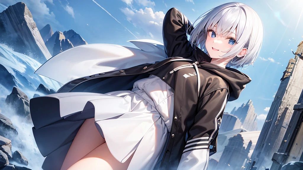 Look at viewers, hands behind back, girl with, 20 years old, Very short hair, long bangs between eyes, pale blue eyes, Hoodie, Skirt , Blue sky, Sunlight, Extremely detailed,(​masterpiece、top-quality)、独奏、White hair、Black eyes、A smile、White skin as clear as snow、Fantastical, Silver hair, Blue eyes, Beautiful eyes,, Ecstasy, charmed, be smitten with audience, Hoodie, White hoodie,a black skirt,Hair is short,Blue sky , Sunlight,fantastic landscape