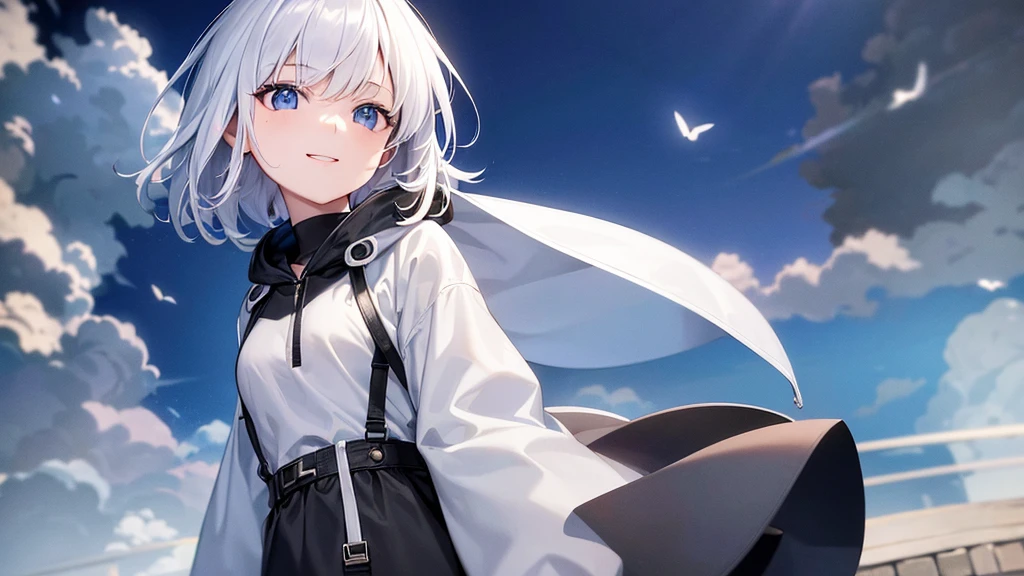 Ultra-high image quality,Look at viewers, hands behind back, girl with, 20 years old, Very short hair, long bangs between eyes, pale blue eyes, Hoodie, Skirt , Extremely detailed,(​masterpiece、top-quality),White hair、A smile、Fantastical, Silver hair, Black eyes,  Hoodie, White hoodie,a black skirt,Hair is short,White jacket, Casual style,Open jacket,  Cowboy Shot、Fluttering hair、a small face、Bright smile、(Detailed face) ,profetional lighting,fantastic landscape,Blue sky, Sunlight,look down from above,open open mouth