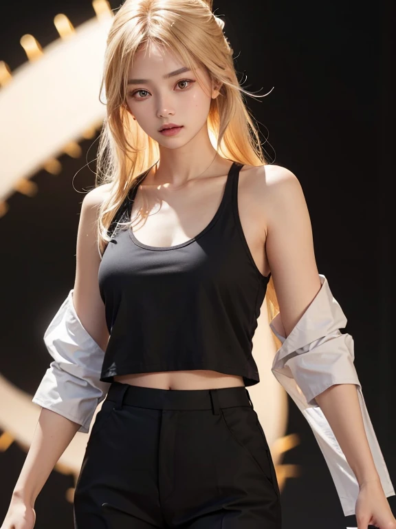 photorealistic portrait, shooting imaging , asian women, shoot golden spiky hair, White long-sleeved shirt outside , black tie, Wear a white tank top inside black pants.. long, blur background ,
