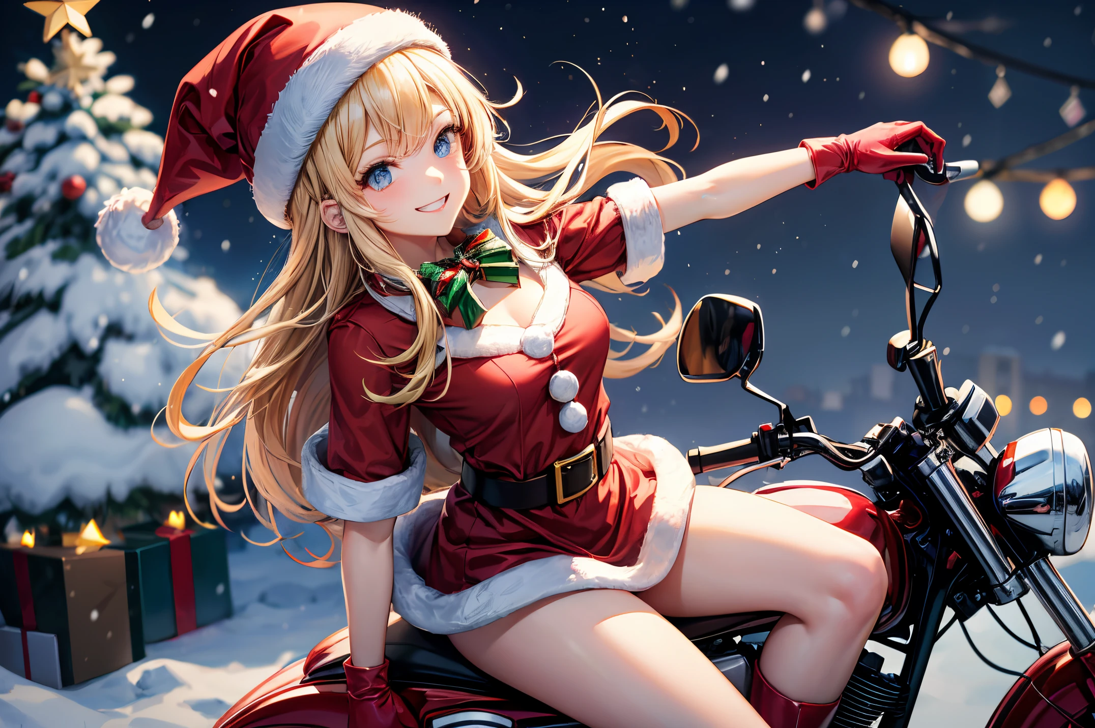 Santa girl in miniskirt rides bicycle, In the snowy city at night