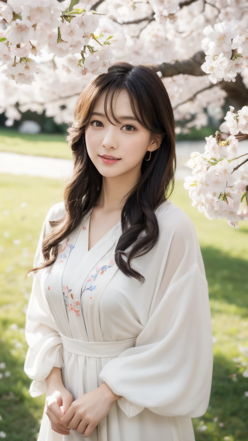 (A logo、masterpiece、8K、masutepiece、Raw photo、Fantastic、Best Quality、Photorealistic and highly detailed CG integrated 8K wallpaper、hightquality、ighly detailed、epic poem、Particle effect、Dynamic effects、depth of fields、Cinematic Light、Lens Flare、Ray tracing)、Fantasia、 (Beauty 1 person、White Japanese Clothing、Japanese dress、White cherry blossom pattern、White cherry blossom embroidery pattern、A dark-haired、Beautiful face、Real Face、beautiful details eyes beautiful skin)、Hair flutters in the wind、Hair jumps、Pink cherry blossom tree、Petals flutter、Sakura blizzard、Superb view、morning glow、Sun in the background、the wind、Deities、tusk、myth、Vast Land、