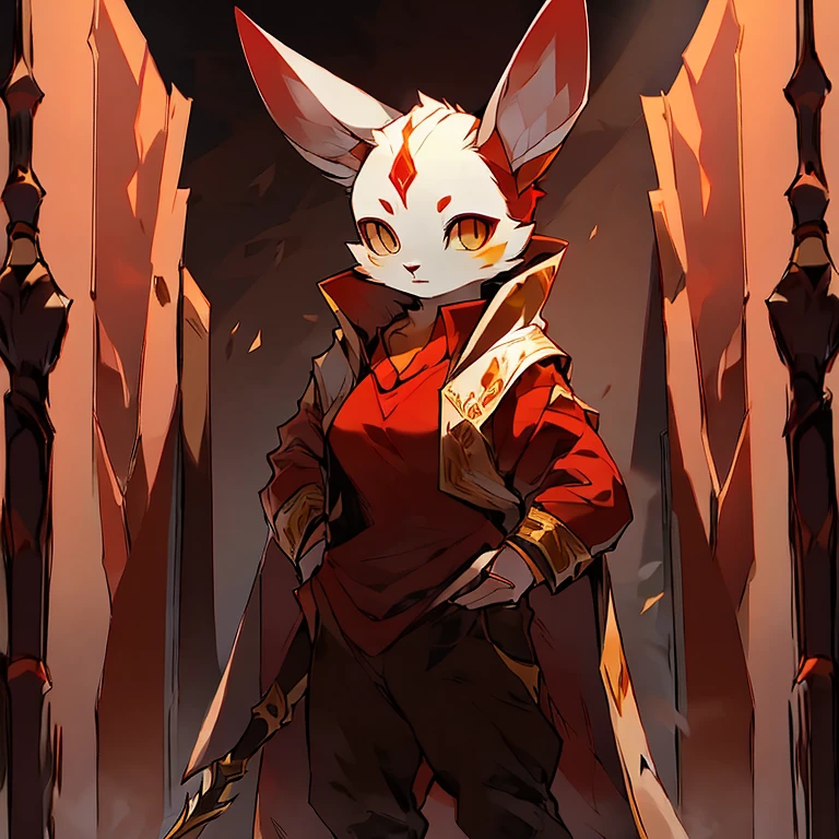 ( female white bunny)   ( guarding the titan ancient door  )  ( pure face  )   (Black pants with red symbol on it )   (yellow  eyes ) ( holding Spear)   ( detail)  ( white cloak with golden pattern on it) ( tall) ( red shirt) ( white fur)