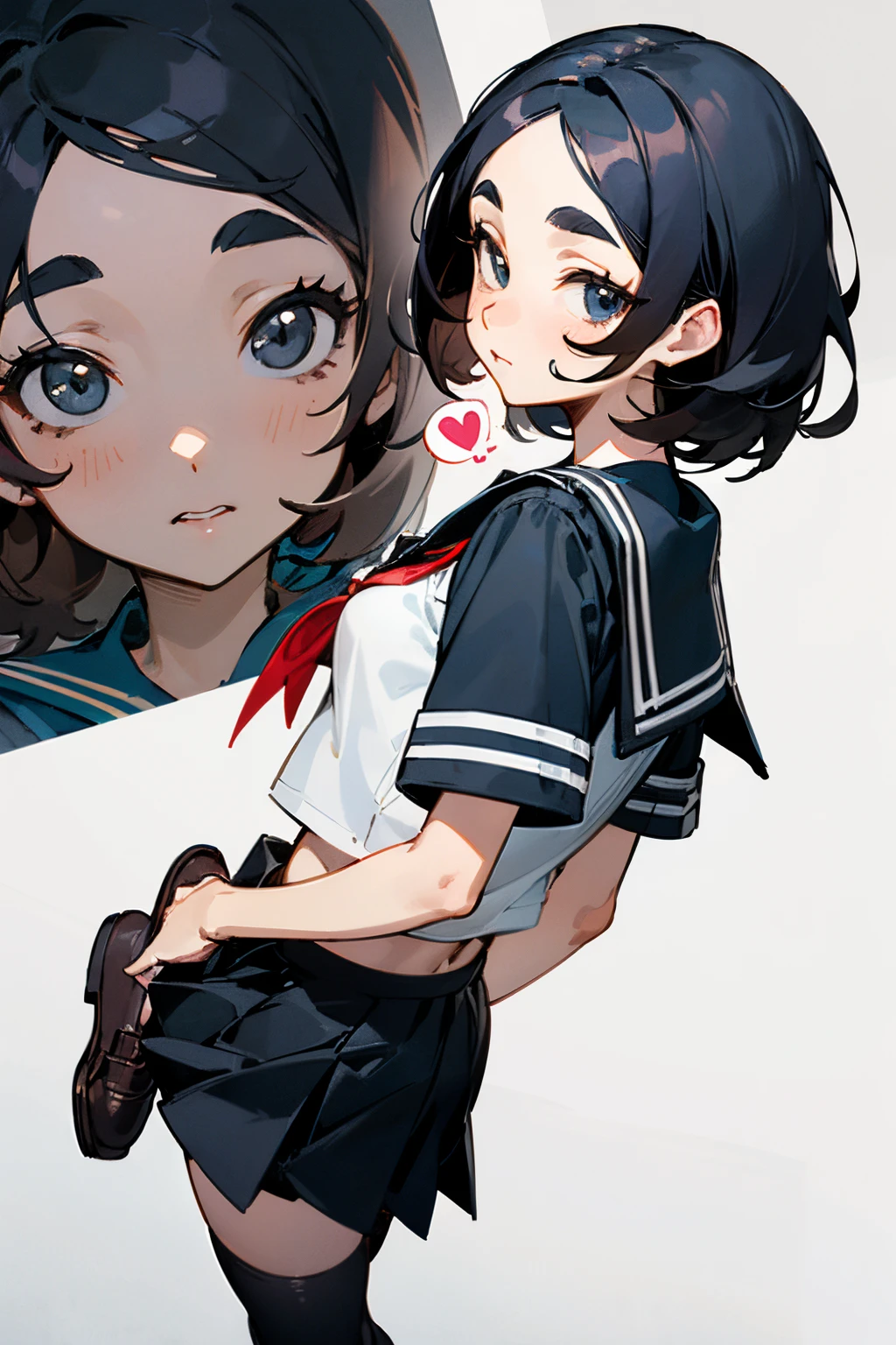 ((Best quality at best)), ((tmasterpiece)), (Detailed pubic hair), perfect face masterpiece, best quality, day, masterpiece,best quality,official art,extremely detailed CG unity 8k wallpaper, girl, comic, white eyebrows, heart in eye, medium breasts, serafuku, black thighhighs, loafers, looking back,