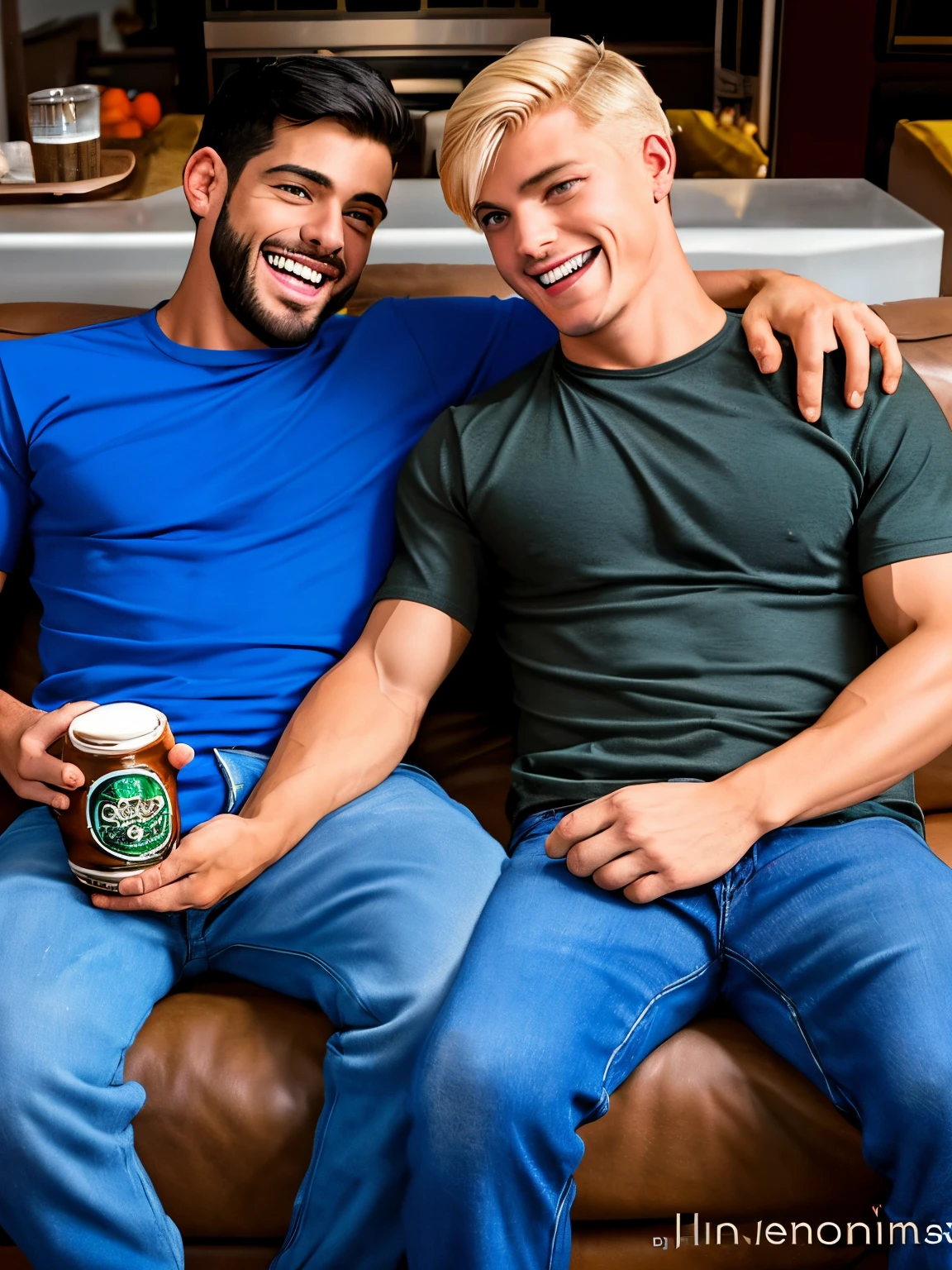 Picture of 2 handsome young straight men on the sofa after a drunken evening. They masturbate through each other's underwear. Aaron is blond, Juan is latin with black hair. They laugh together. They are very beautiful and athletic. Late night. They are boys of working-class origin. They're wearing dirty clothes, they've been drinking beer.