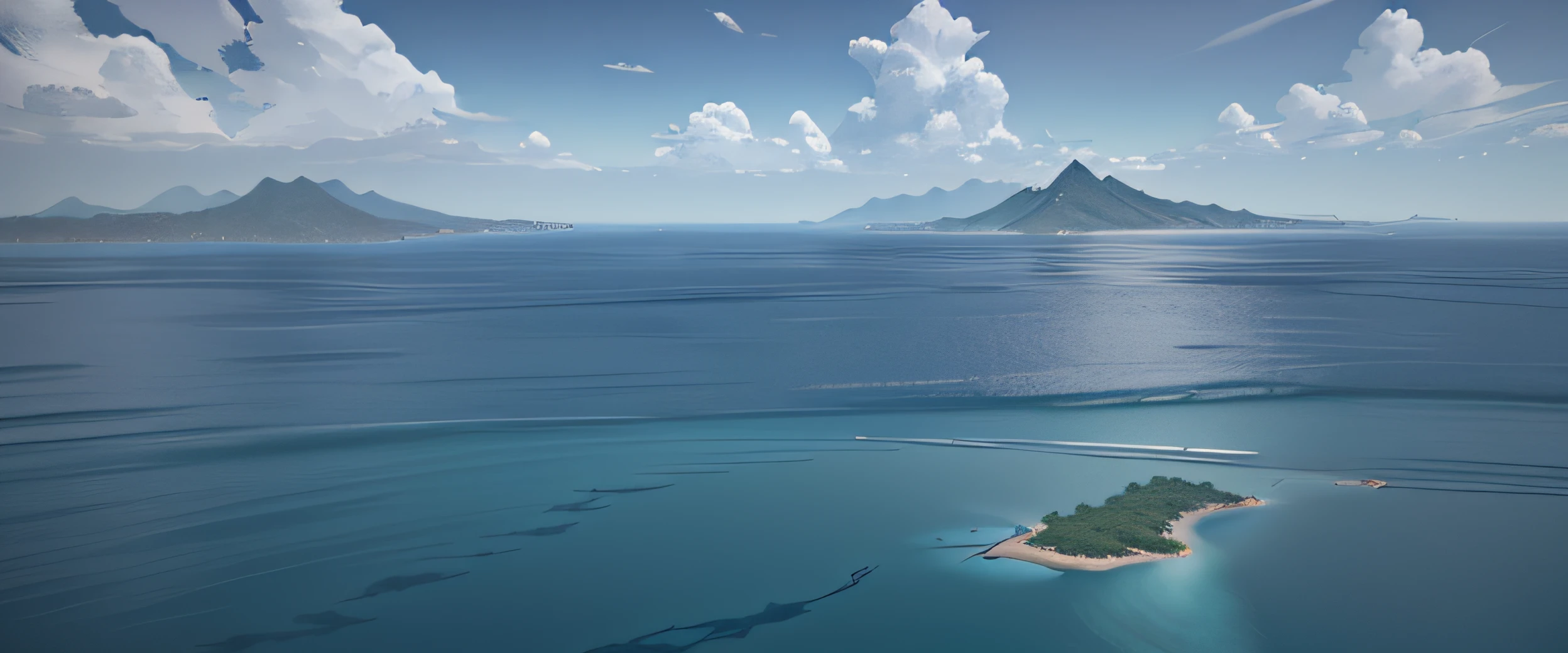 In the foreground is a calm lake,There are low mountains in the distance, volumetric light water, Rendering in cryengine, calm ocean, Detailed view – width 672, rendered in unrealengine, volumetric water, ancient chinese background.New Chinese style blue sea, calm ocean landscape