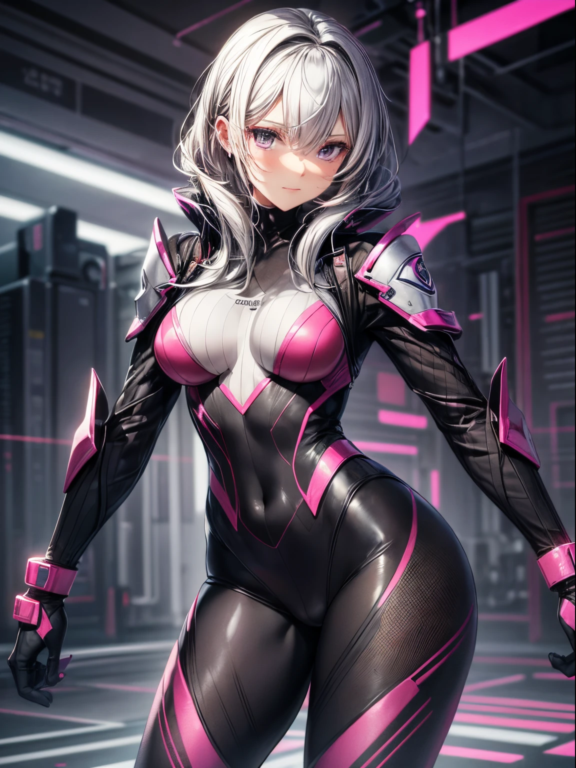 top-quality、Full limbs、complete fingers、Slender beauty、1 female、Close up portrait of woman in black and pink suit, streamlined pink armor, slick pink armor, fullbodysuit, cybersuit, matte pink armor