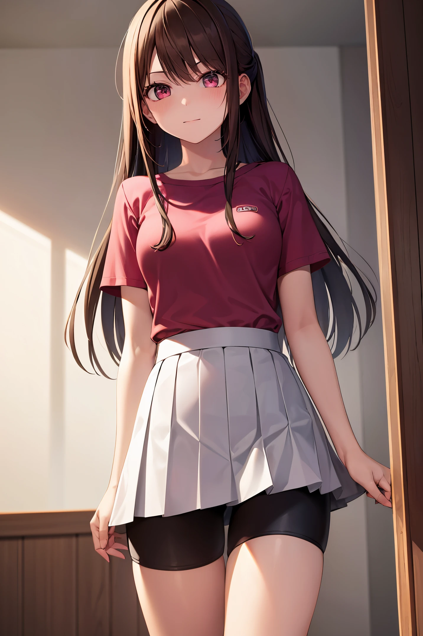 Room, 1 girl, best quality, ultra high res, long hair, brown hair, Brown eyes, pink shirt, short sleeves, pleated skirt, white skirt, bike shorts, looking at viewers, small breast, standing, pov, slim body