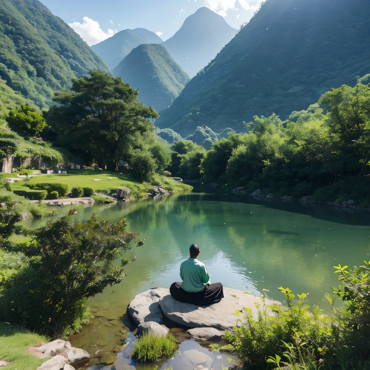 A Taoist priest is meditating!The background is green mountains and green water