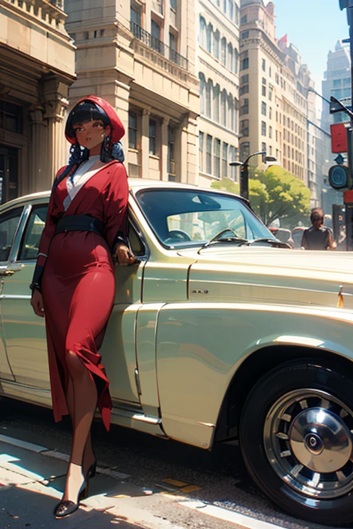 ((best quality)), ((masterpiece)), (detailed), Egyptian revival style suburban New York City row of homes, vibrant Spring foliage, front facing maroon 1960s Rolls Royce parked in driveway, 1 beautiful plump dark skinned woman with butterfly-locs wearing cashmere robe playfully posed in foreground