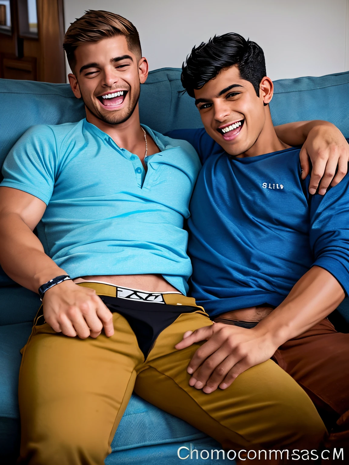 Picture of 2 handsome young straight men on the sofa after a drunken evening. They ?????????? through each other's ?????????. Aaron is blond, Juan is latin with black hair. They laugh together. They are very beautiful and athletic. Late night. They are boys of working-class origin. They're wearing dirty clothes, they've been drinking beer.