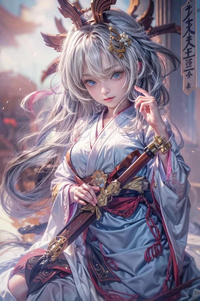 (Photoreal Stick:1.4, masutepiece:1..3, 8K), top-quality, masterpiece, 超A high resolution, Perfect dynamic composition, Professional camera work, Grow Light Effect, Mystical portrait, Cinematic Light, Highly detailed skin and facial texture:1.3, The ultra-detailliert, A detailed eye, (riding a dragon, holding an cane), (myterious:1.3, Fanciful:1.2, tradition:1.2, majestueux:1.2), 1girl in, 25-years old, cute and sexy slim goddess, Fair skin, (Enraptured look:0.9, Totally captivates you:1.0), (japanese miko costume:1.3), (voluptuous breasts:0.9), (Backshots, Calm pose), (Beautiful blue eyes, Eyes that feel beautiful eros:0.85), Sexy face:0.4, (A mouthfeel that feels beautiful eros:0.85), ((Too cute beauty:0.9)), Fantastic background, Erase unnecessary hands and fingers