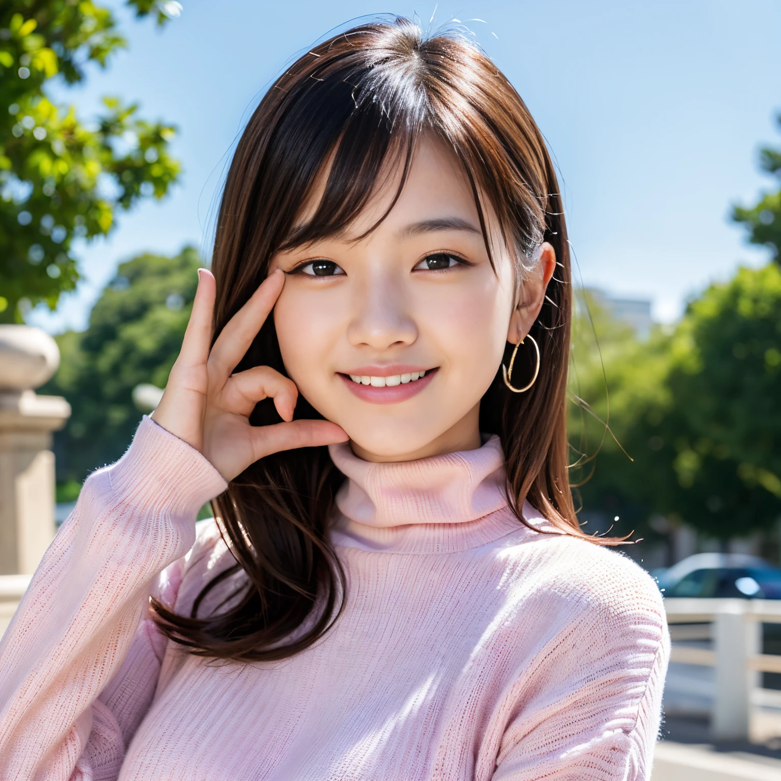 Best-quality, Masterpiece, Ultra-High-Resolution, (Photorealistic:1.4), Raw-Photo, Extremely-Details, Perfect-Anatomy, 1girl, 18-years-old, the most popular Japanese idol, at hospital, grinning, ((bandaged around right hand fingers)), wearing pink turtleneck long-sleeve sweater, extremely cute grinning face, extremely beautiful big black solid circle eyes, extremely beautiful hair, extremely beautiful white skins, portrait, detailed cute grinning face, detailed hospital