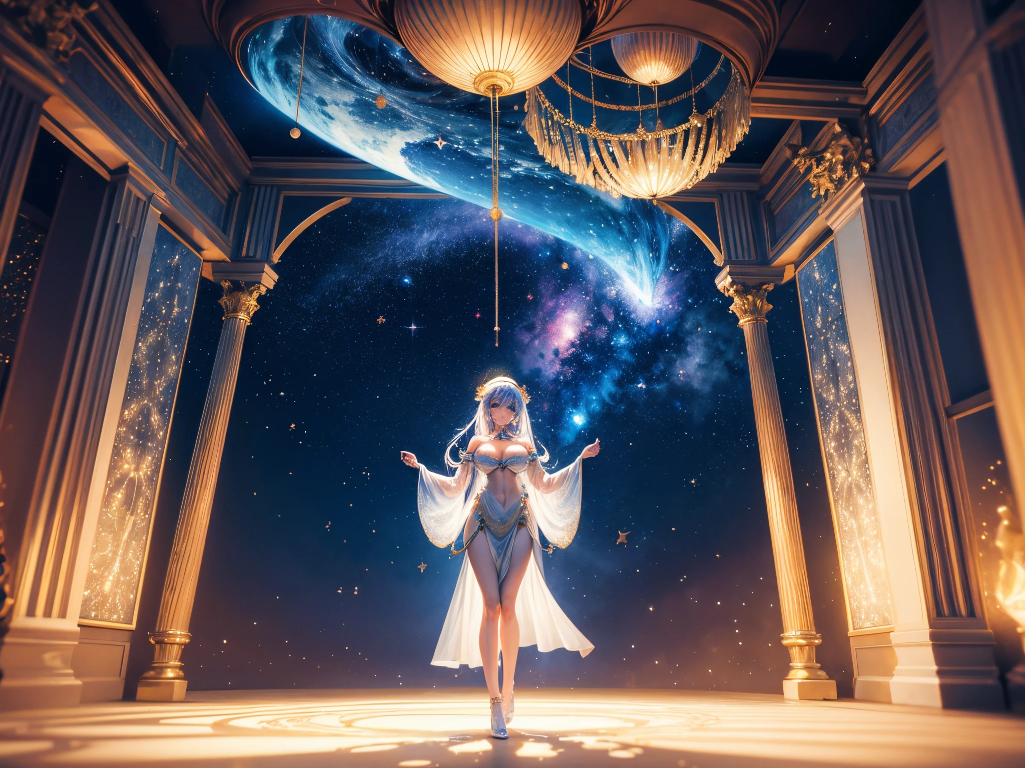 Illustrate a scene in the cosmos where celestial beings exchange ethereal presents surrounded by 3D Christmas ornaments and fractal nebulae. enormous tits