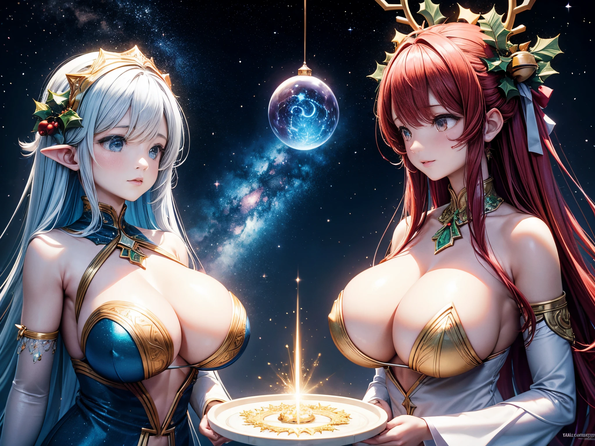 Illustrate a scene in the cosmos where celestial beings exchange ethereal presents surrounded by 3D Christmas ornaments and fractal nebulae. enormous tits