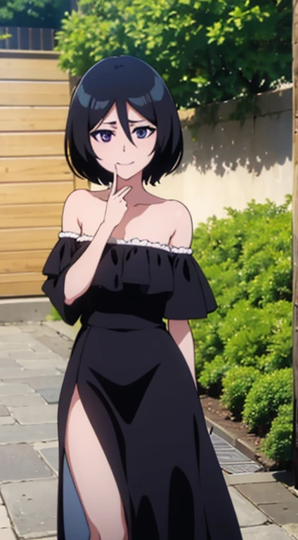 anime screencap, garden background, outside, sunny day, 1 girl, solo, mouth open, smile, short hair, black hair, purple eyes, black dress, Ruffle Off-the-Shoulder Top, Off-the-Shoulder Dress, Strapless black Dress, bare arms, maxi dress, bare shoulders, looking at viewer, hair between eyes.