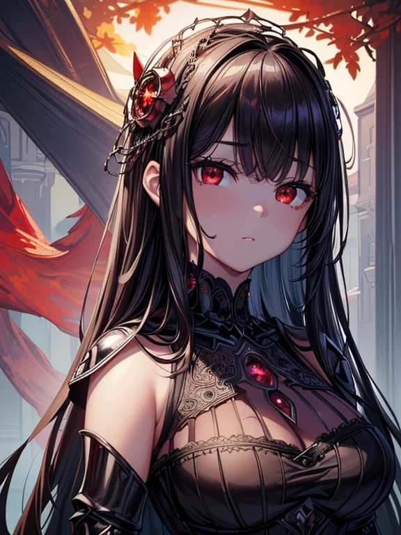 ((​masterpiece、top-quality:1.5、a high chroma:1.5、ultra-detailliert、high-resolution illustrations:1.5、Ultra-high-definition CG、8k size wallpaper、offcial art))、((s fractal art:1.5))、(highly colorful:1.5),(front view:1.8),(1girl),(Cute little girl s:1.5)(Shining red eyes:1.5),(Beautiful face:1.5,Beautiful eyes:1.5)、(close to viewer:1.5),
(clear face:1.3)、(sexy body),((Detailed dark fantasy armor dress:1.5)),((intricate detailes,detailed dress)), (Beautiful dress in every detail),(large breasts:1.5),(Shining red eyes:1.2),upper body、(metal shine:1.5),Dark Fantasy