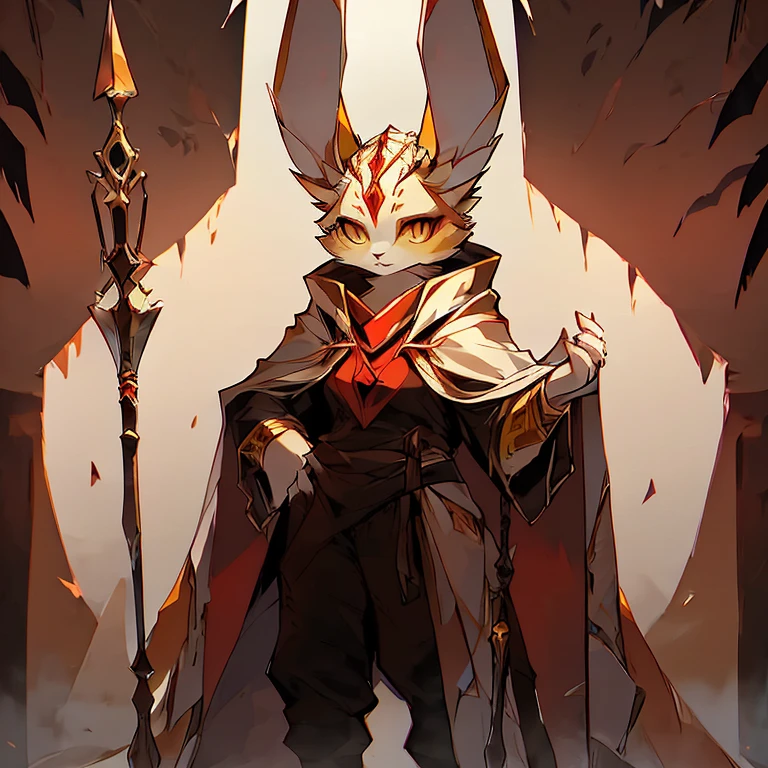 ( female white bunny)   ( guarding the titan ancient door  )  ( pure face  )   (Black pants with red symbol on it )   (yellow  eyes ) ( holding Spear)   ( detail)  ( white cloak with golden pattern on it) ( tall)  ( white fur)