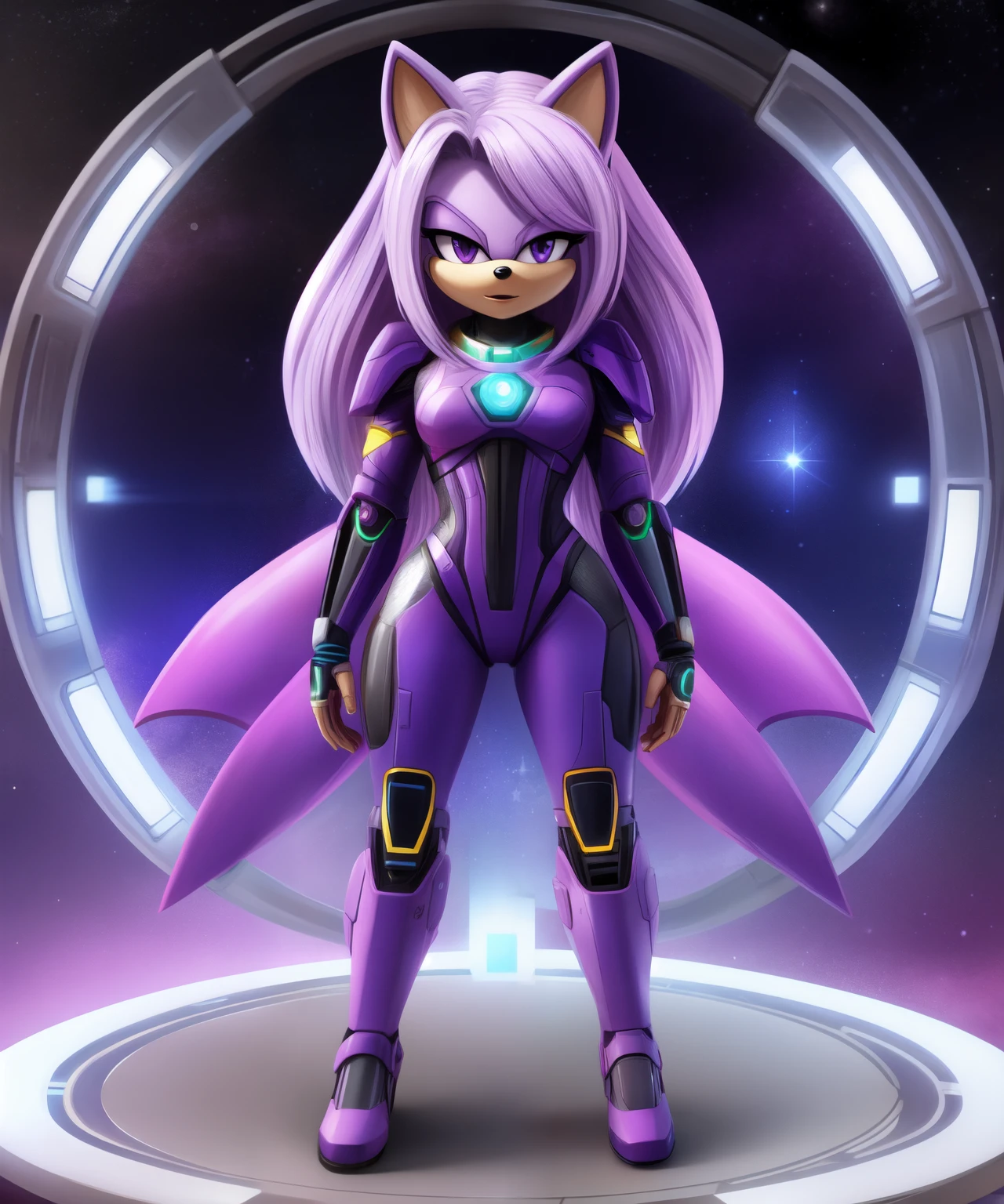 Clea the purple mobian female hedgehog, futuristic celestial supersuit, light purple hair, full body view