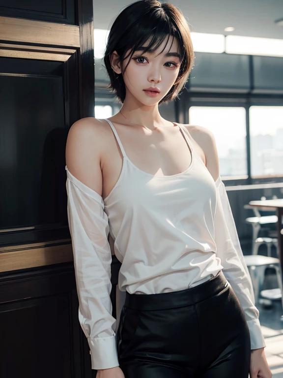 absurderes, Raw photo, Extremely delicate and beautiful, masutepiece, Best Quality, Ultra High Resolution, 16 K, hyper realisitic, Ultra-detailed, Perfect Anatomy, Ultra-detailed細なスキン, Perfect figure, Very detailed CG 8k wallpaper, in her 20s, Very slim body, Narrow waist, Very small head, Very small face, Very detailed face, Very detailed eyes, tear moles, Earring, thin legs, (very massive round chest), 1 rapariga, (Full body shot), Bare legs, Short hair, Wavy Hair, light brown hair, (Wet), collared dress shirt, Leather shorts,