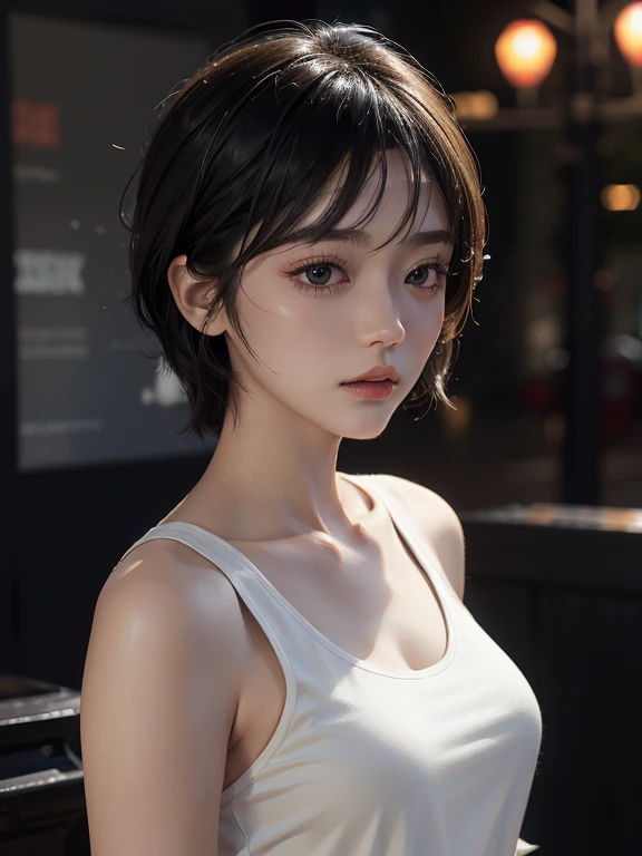 photorealistic portrait, shooting imaging , asian women, Shoot spiky golden hair, White long-sleeved shirt outside , Black tie, He wore a white tank top and black pants...... long, blur background ,